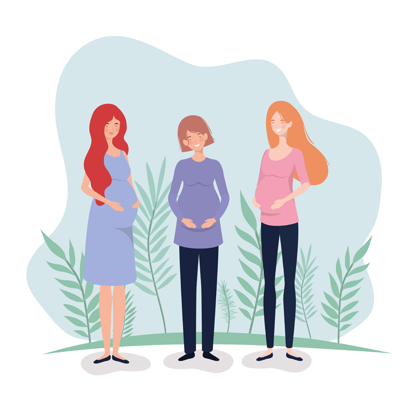 ilustração de 3 mulheres grávidas com as mãos na barriga