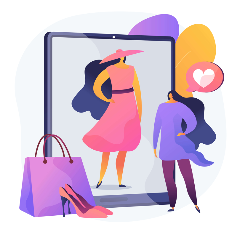 ilustração de mulher se olhado em uma tela de celular com sacola de compras e sapatos ao lado